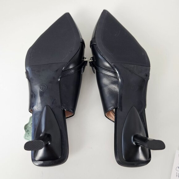 Womens Formal Black Slingback Pointed Toe Kitten Heels Buckle Detail Size 7.5" - Picture 9 of 10